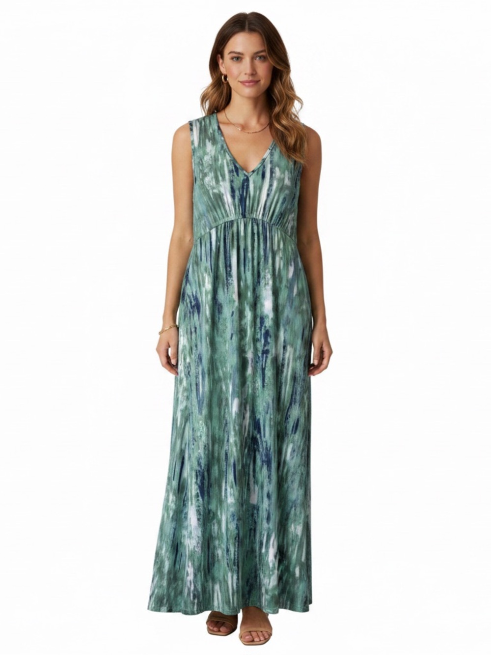 Watercolor Green Sleeveless Maxi Dress with V-Neck